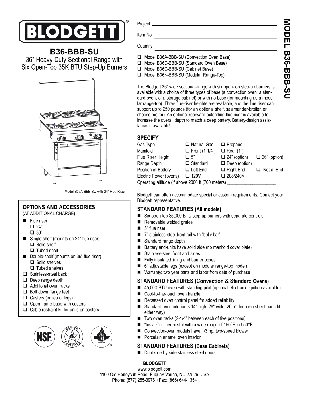 Blodgett B36- BBB-SU warranty B36-BBB-SU, Specify, Options and Accessories 