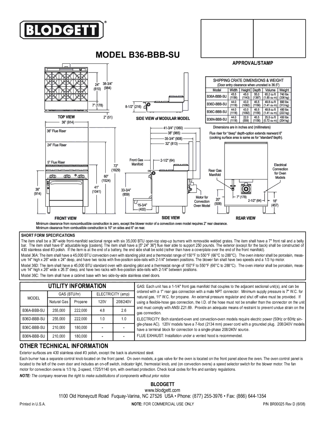 Blodgett B36- BBB-SU warranty Model B36-BBB-SU, Utility Information, Other Technical Information 