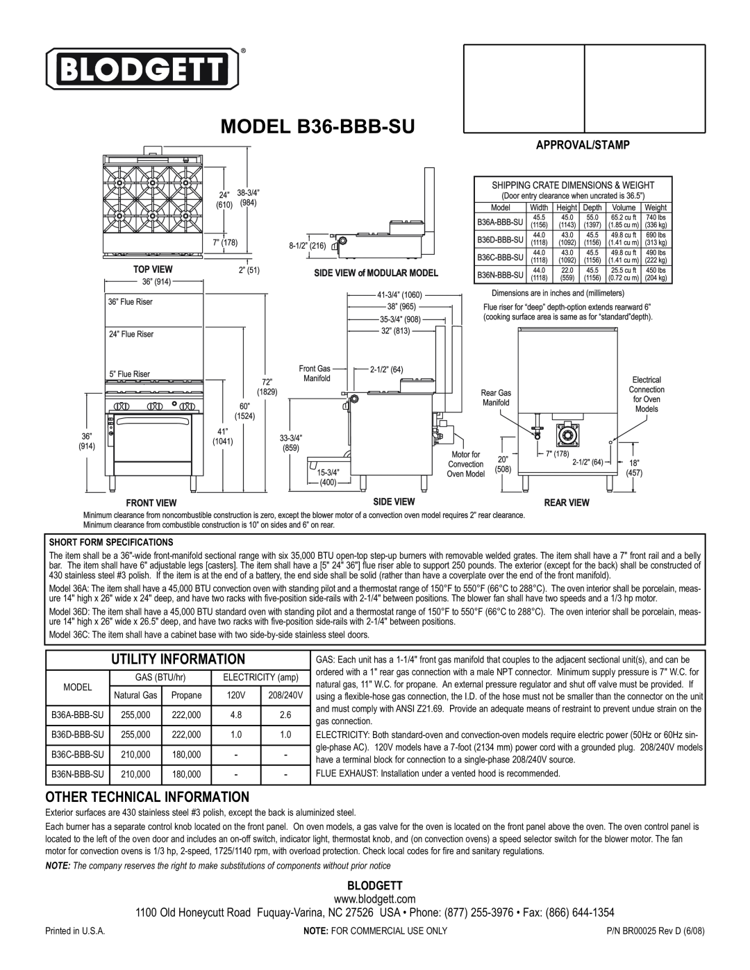 Blodgett B36- BBB-SU warranty MODEL B36-BBB-SU, Utility Information, Other Technical Information, Approval/Stamp, Blodgett 