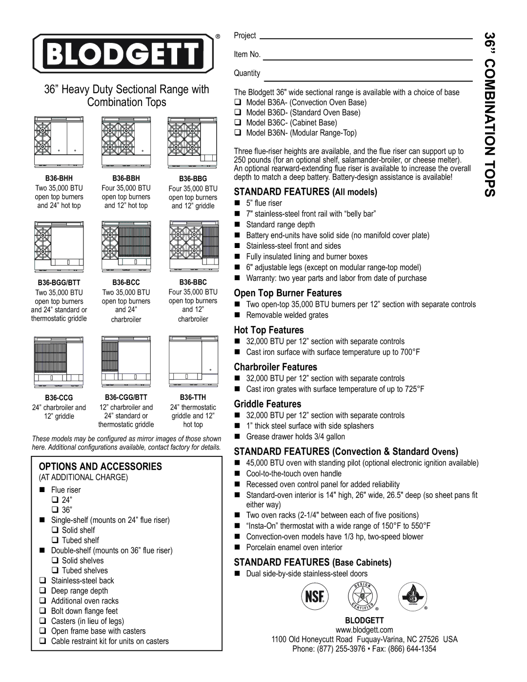 Blodgett B36-COMBOS warranty Options and Accessories 