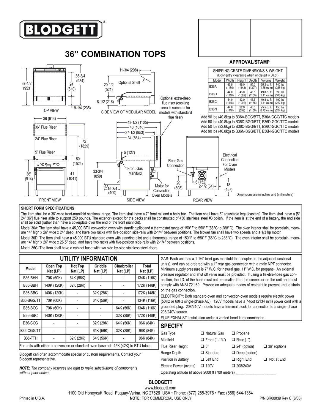 Blodgett B36-COMBOS warranty Utility Information, Specify 