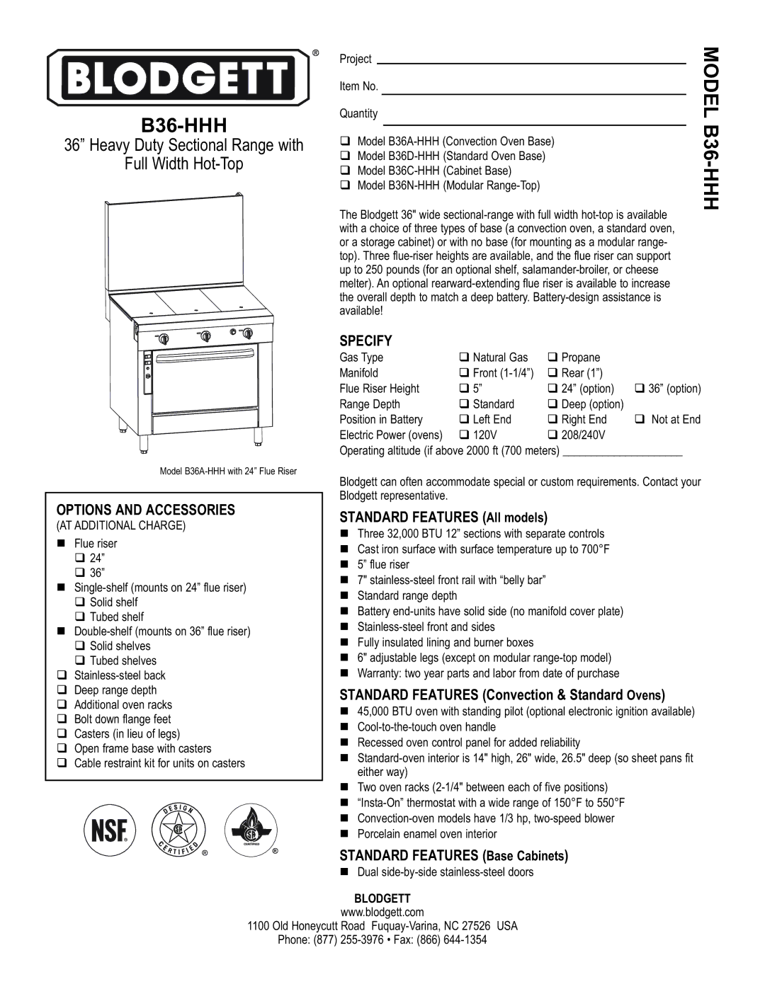 Blodgett B36-HHH warranty Specify, Options and Accessories 