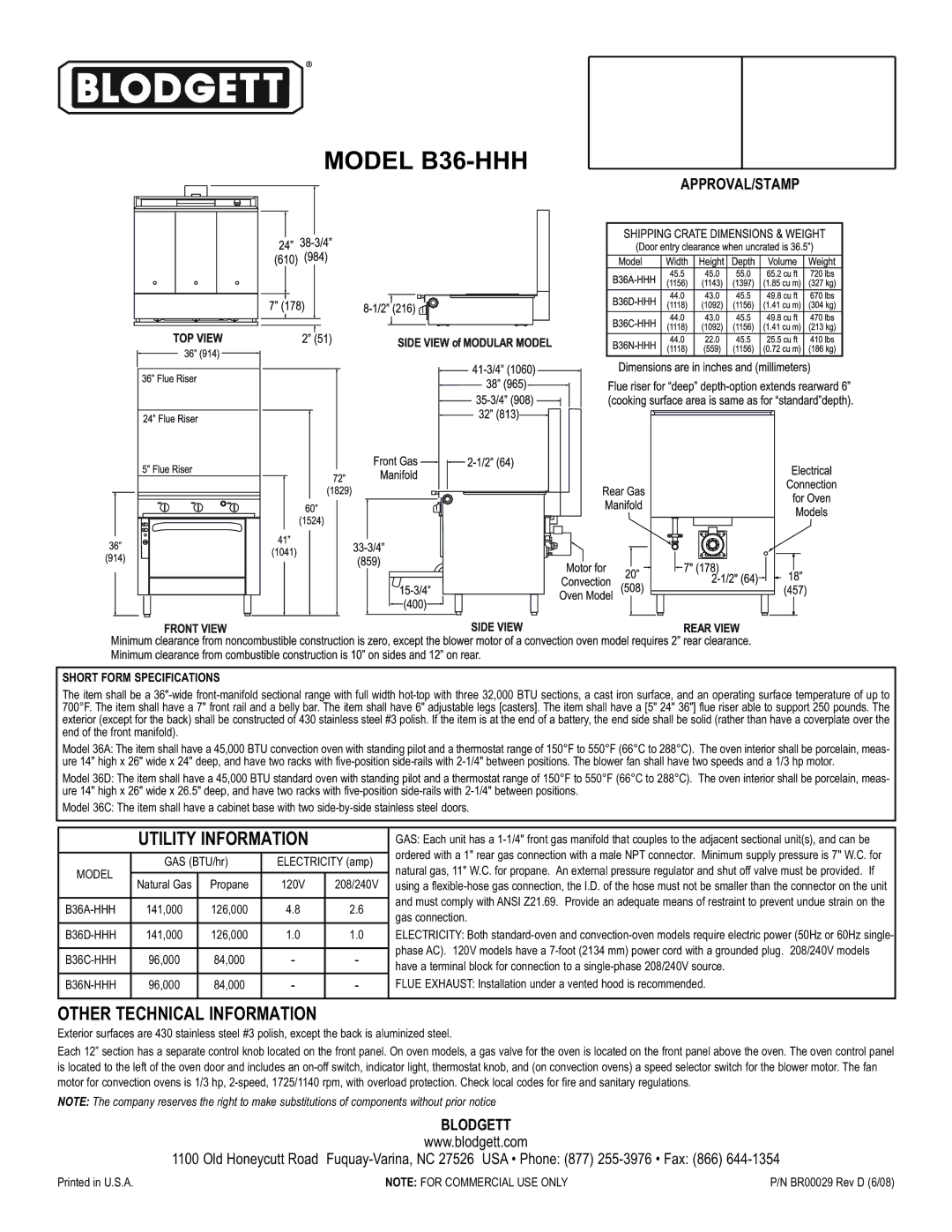 Blodgett warranty Model B36-HHH, Utility Information, Other Technical Information 