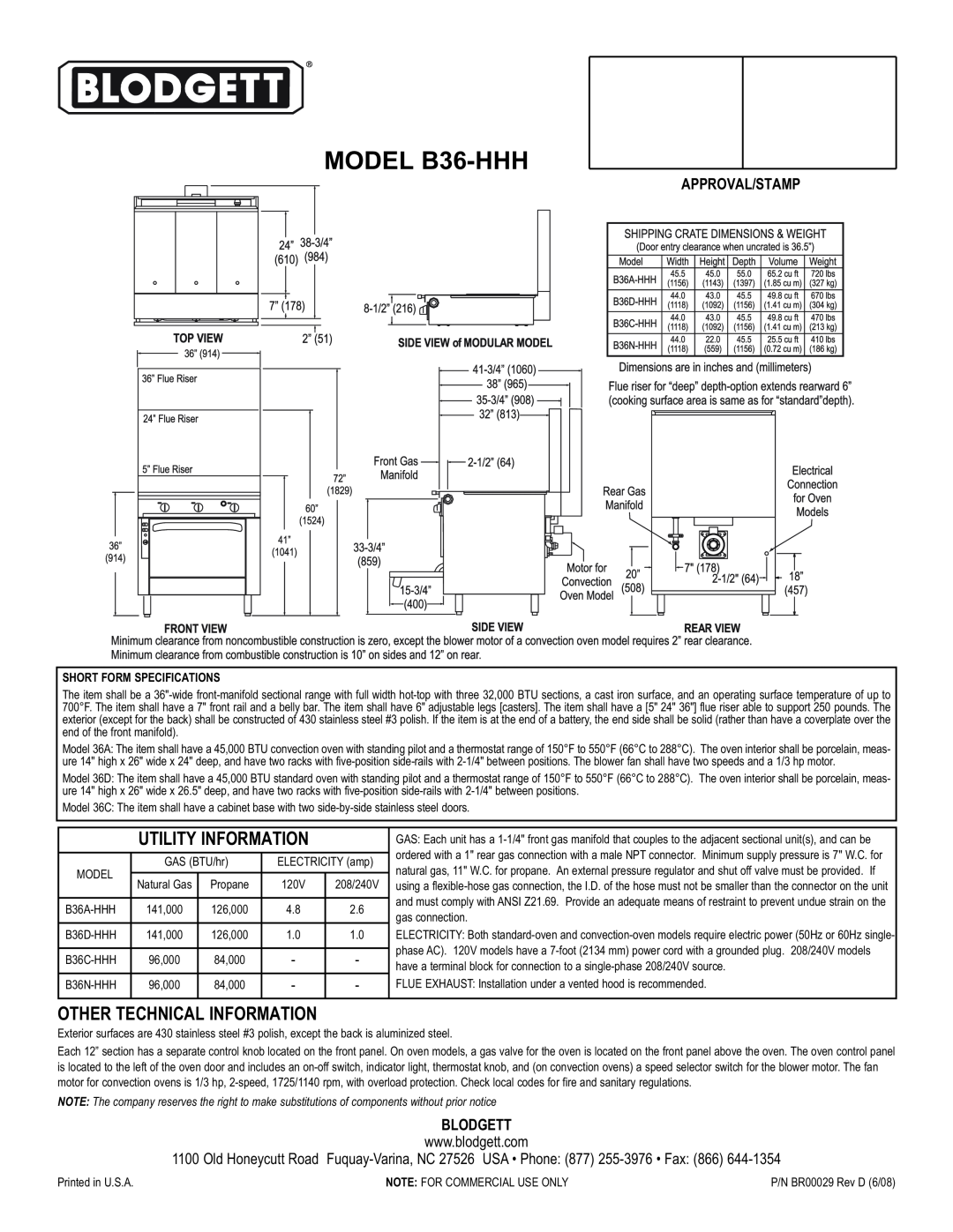 Blodgett warranty MODEL B36-HHH, Utility Information, Other Technical Information, Approval/Stamp, Blodgett 