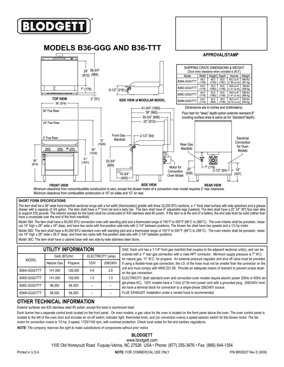 Blodgett warranty MODELS B36-GGGAND B36-TTT, Utility Information, Other Technical Information, Approval/Stamp, Blodgett 