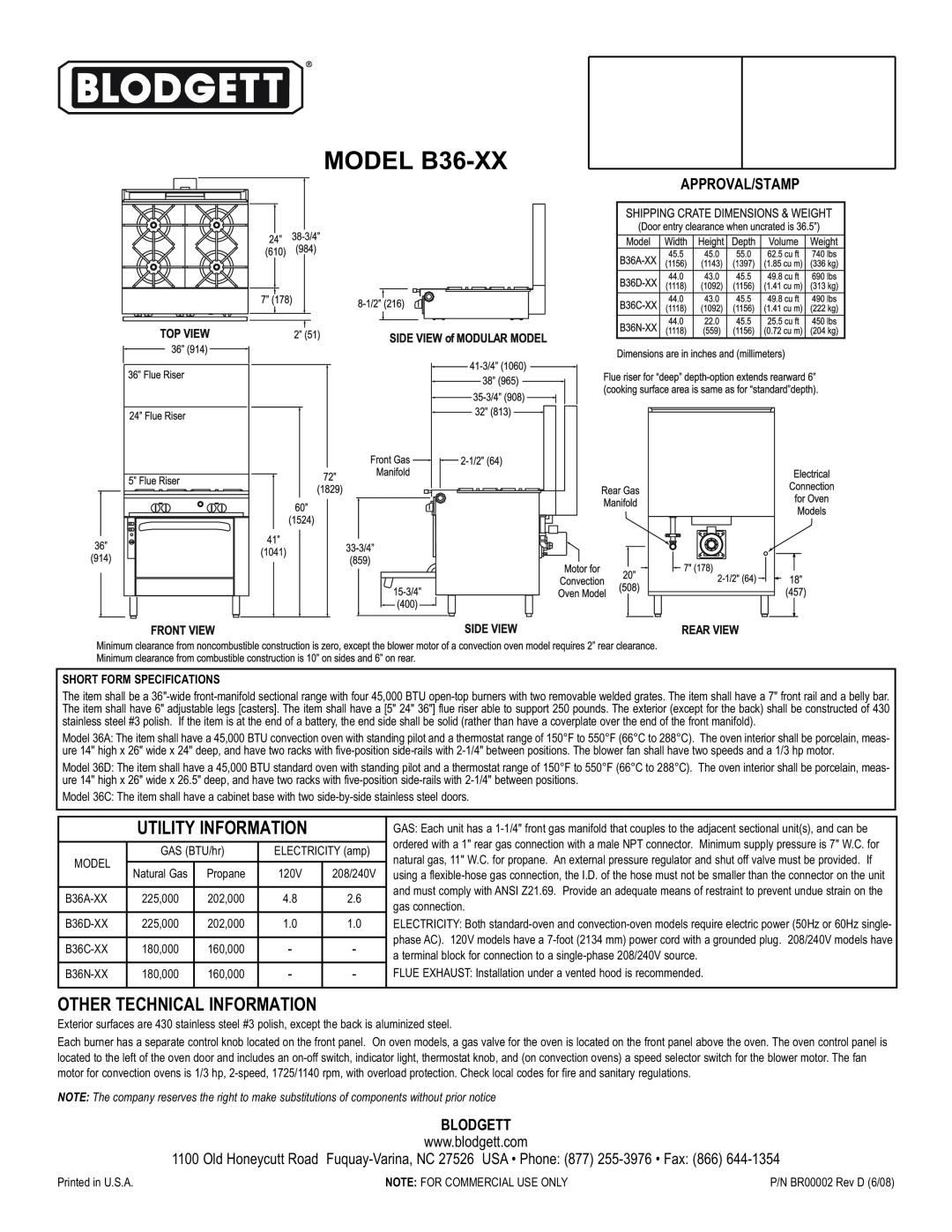 Blodgett warranty MODEL B36-XX, Utility Information, Other Technical Information, Approval/Stamp, Blodgett 