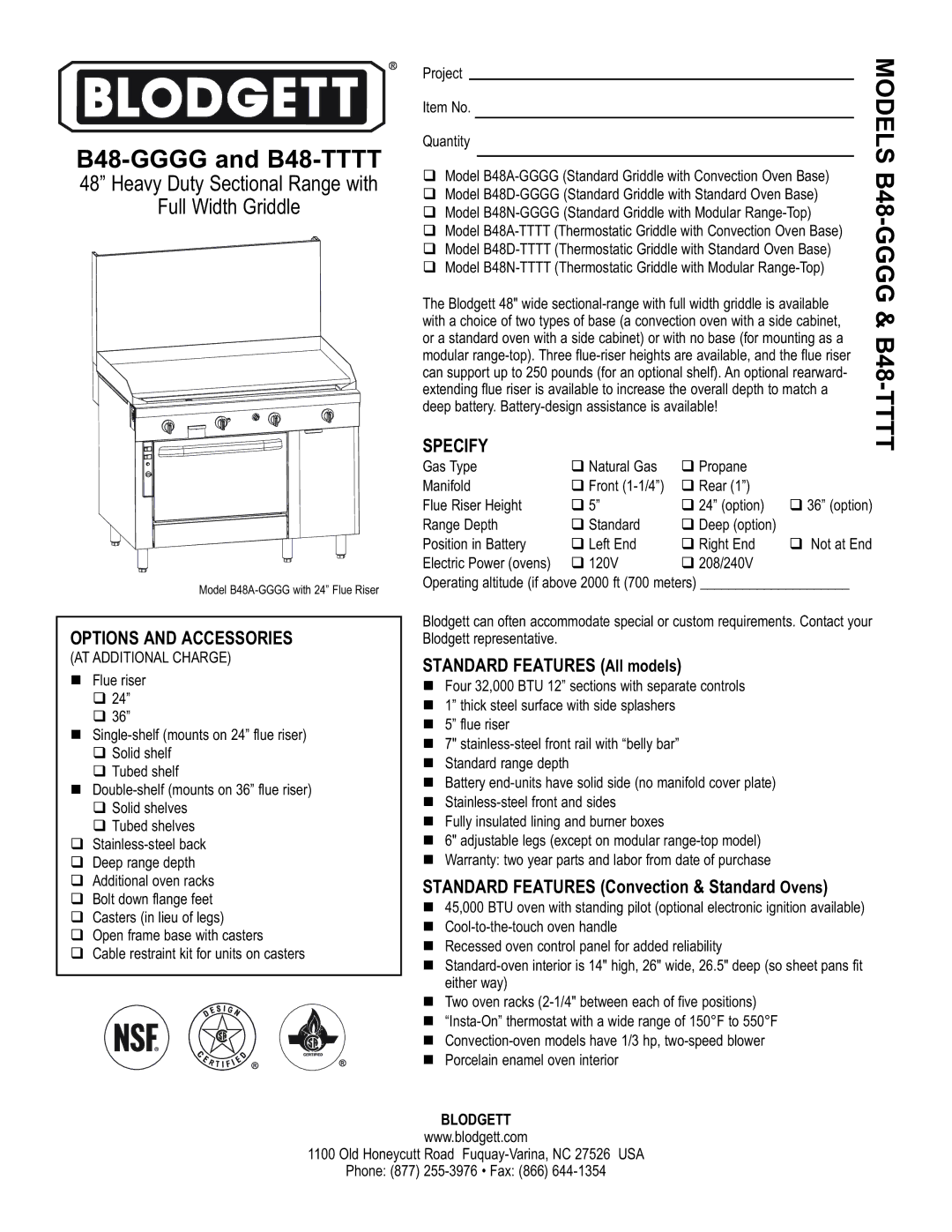 Blodgett B48-GGGG, B48--TTTT warranty Options and Accessories, Specify, Model B48A-GGGG with 24 Flue Riser 