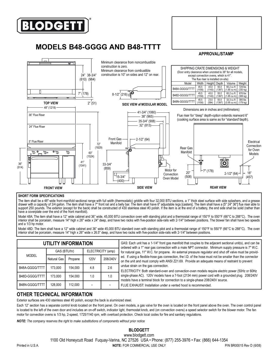 Blodgett B48--TTTT, B48-GGGG warranty Utility Information, Other Technical Information 