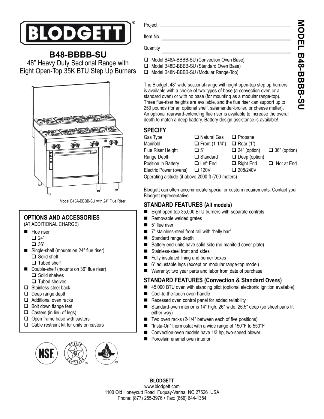 Blodgett B48-BBBB-SU warranty Bbbb, Options and Accessories, Specify, Model B48A-BBBB-SU with 24 Flue Riser 