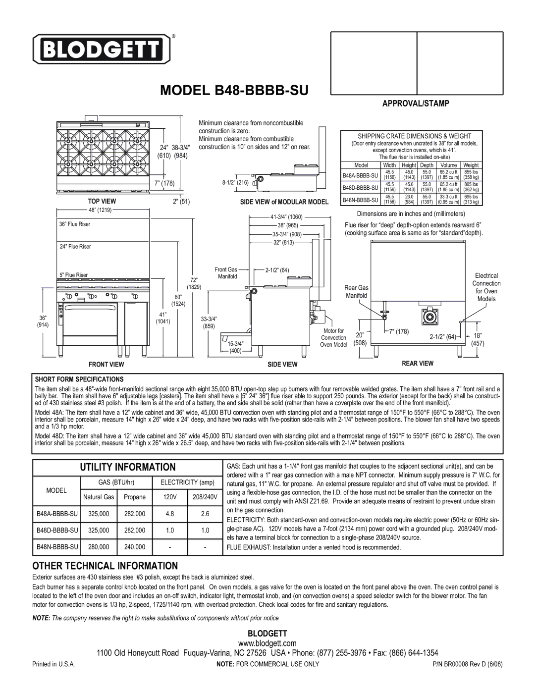 Blodgett warranty Model B48-BBBB-SU, Utility Information, Other Technical Information 