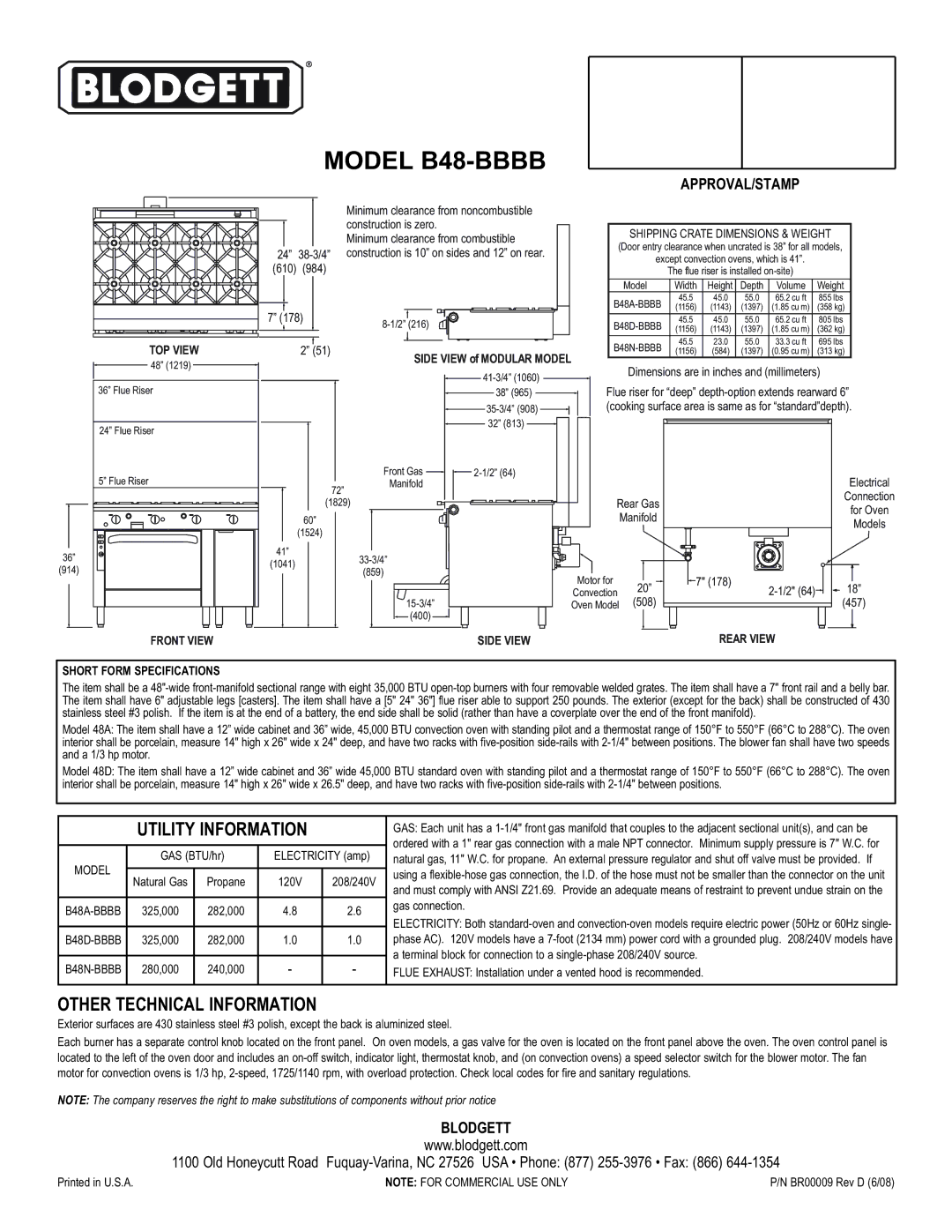 Blodgett warranty Model B48-BBBB, Utility Information, Other Technical Information 