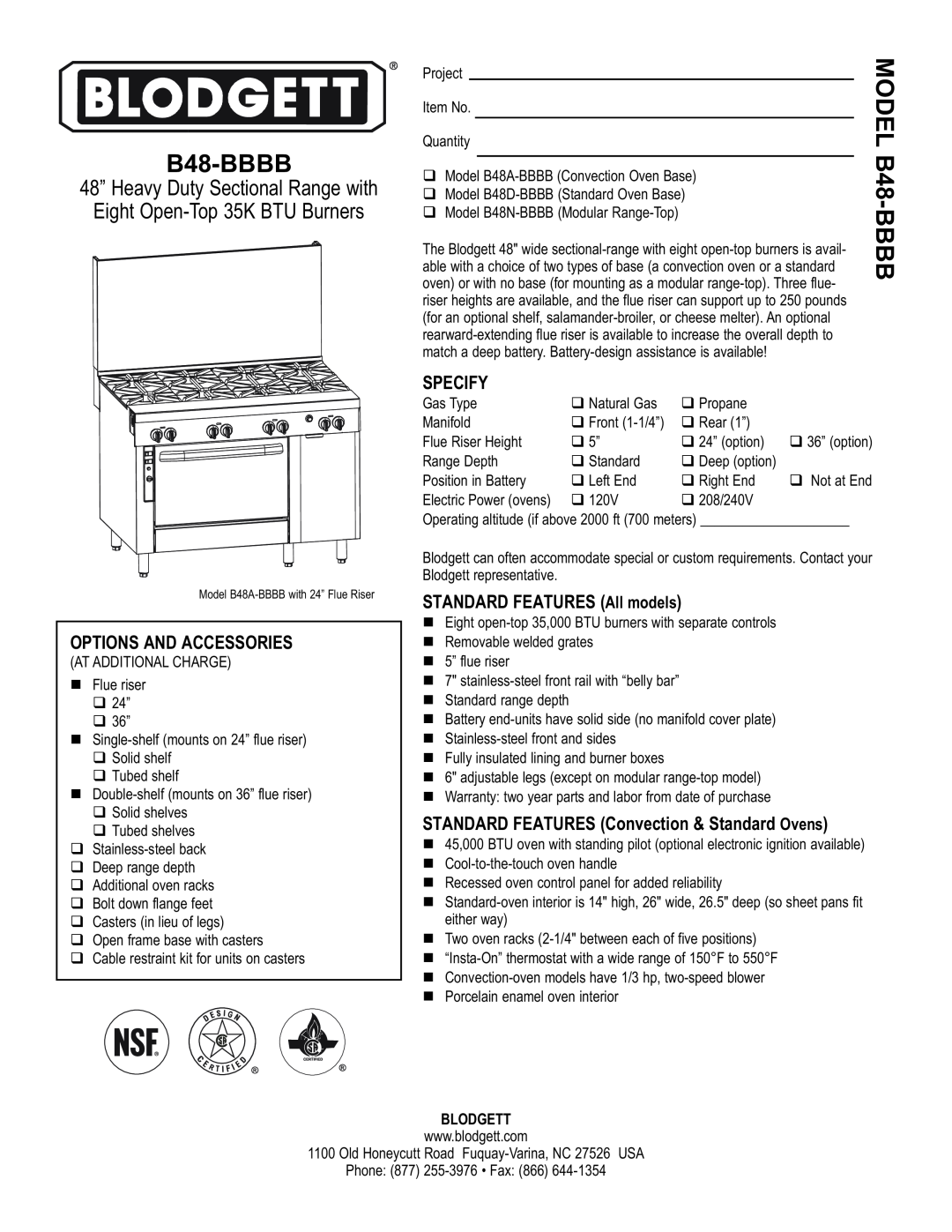 Blodgett B48-BBBB warranty Options And Accessories, Specify, STANDARD FEATURES All models, Blodgett, Bbbb 