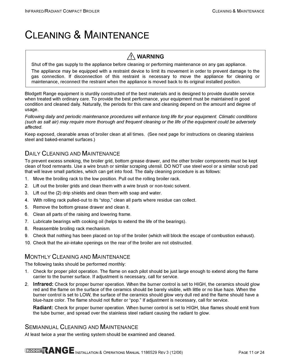 Blodgett B36-NFR, B48-RAD, B48-NFR Cleaning & Maintenance, Daily Cleaning and Maintenance, Monthly Cleaning and Maintenance 