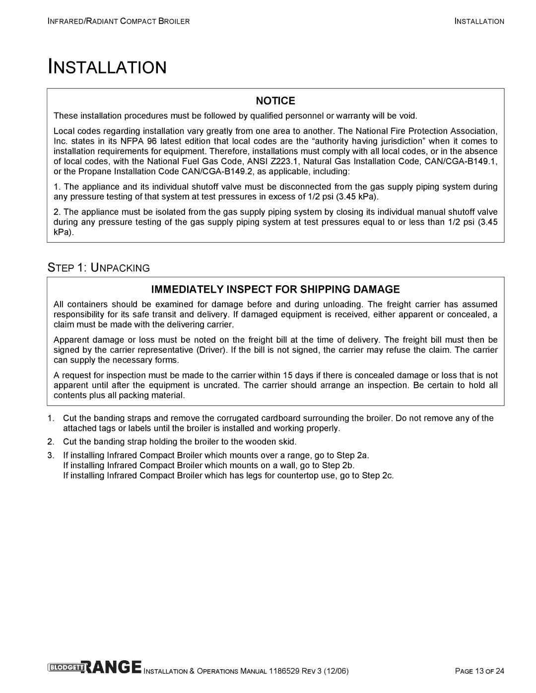 Blodgett B48-NFR, B48-RAD, B36-RAD, B36-NFR manual Installation, Immediately Inspect for Shipping Damage, Unpacking 