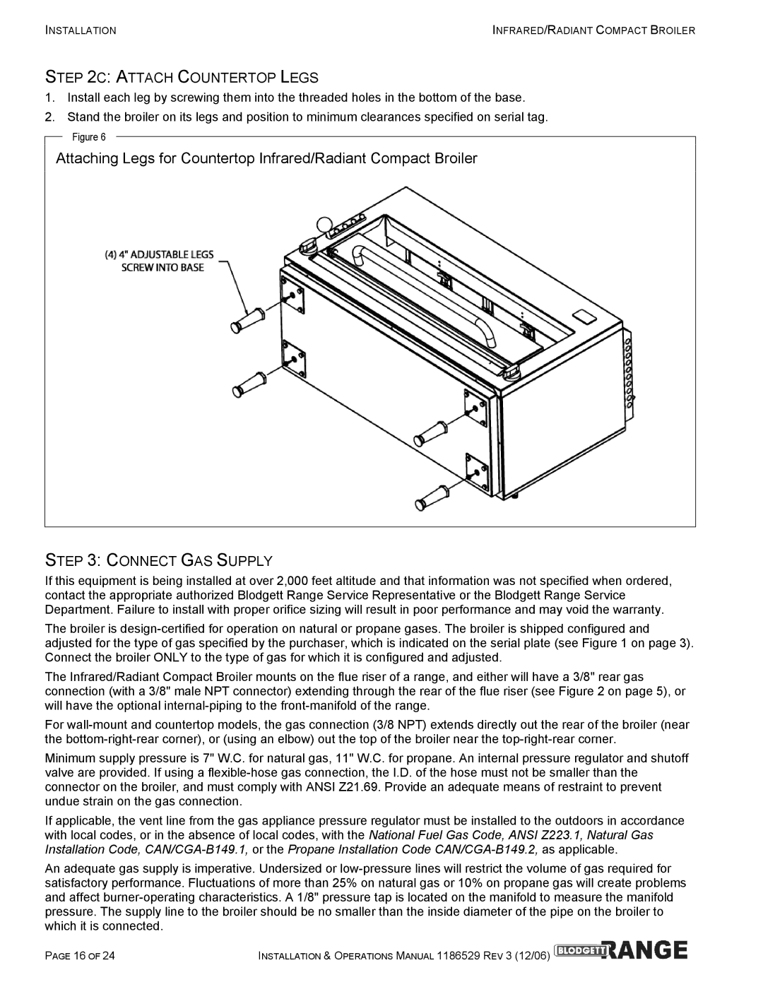 Blodgett B48-RAD, B48-NFR, B36-RAD, B36-NFR manual Attach Countertop Legs, Connect GAS Supply 