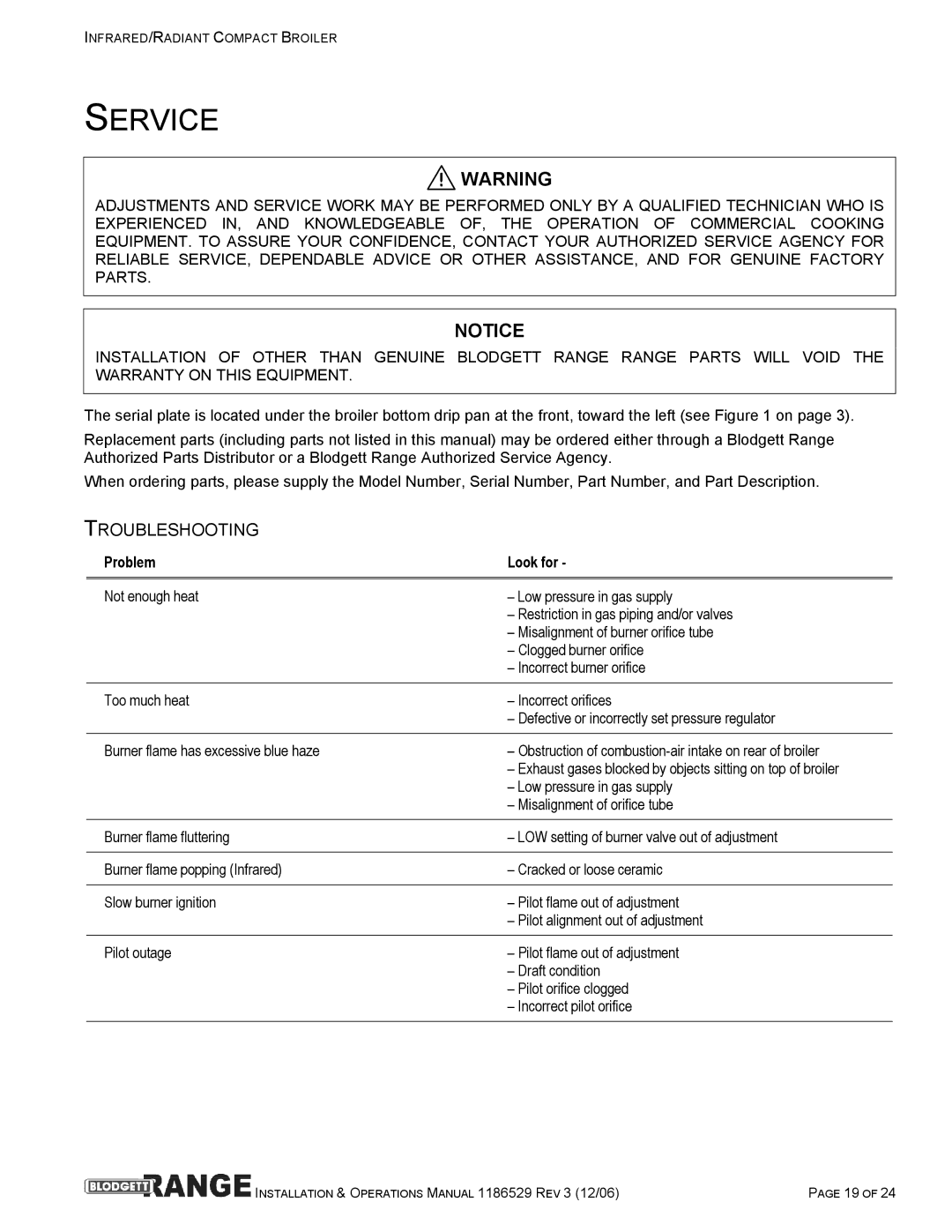 Blodgett B36-NFR, B48-RAD, B48-NFR, B36-RAD manual Service, Troubleshooting 