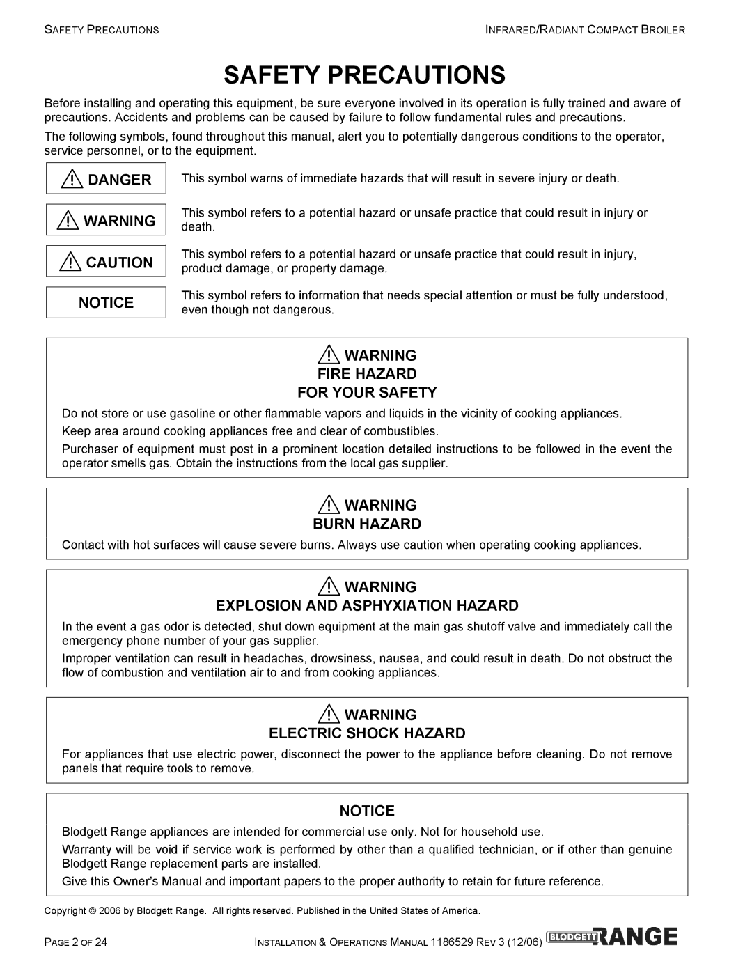 Blodgett B36-RAD manual Fire Hazard For Your Safety, Burn Hazard, Explosion and Asphyxiation Hazard, Electric Shock Hazard 