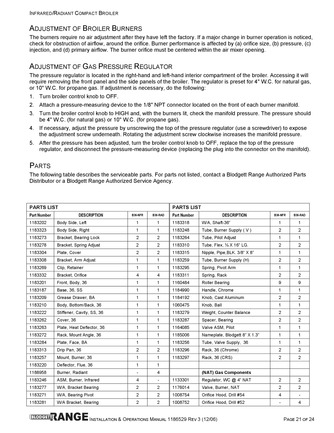 Blodgett B48-NFR, B48-RAD, B36-RAD, B36-NFR manual Adjustment of Broiler Burners, Adjustment of GAS Pressure Regulator, Parts 