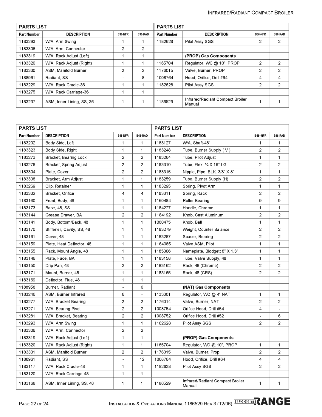 Blodgett B36-RAD, B48-RAD, B48-NFR, B36-NFR manual Prop Gas Components 