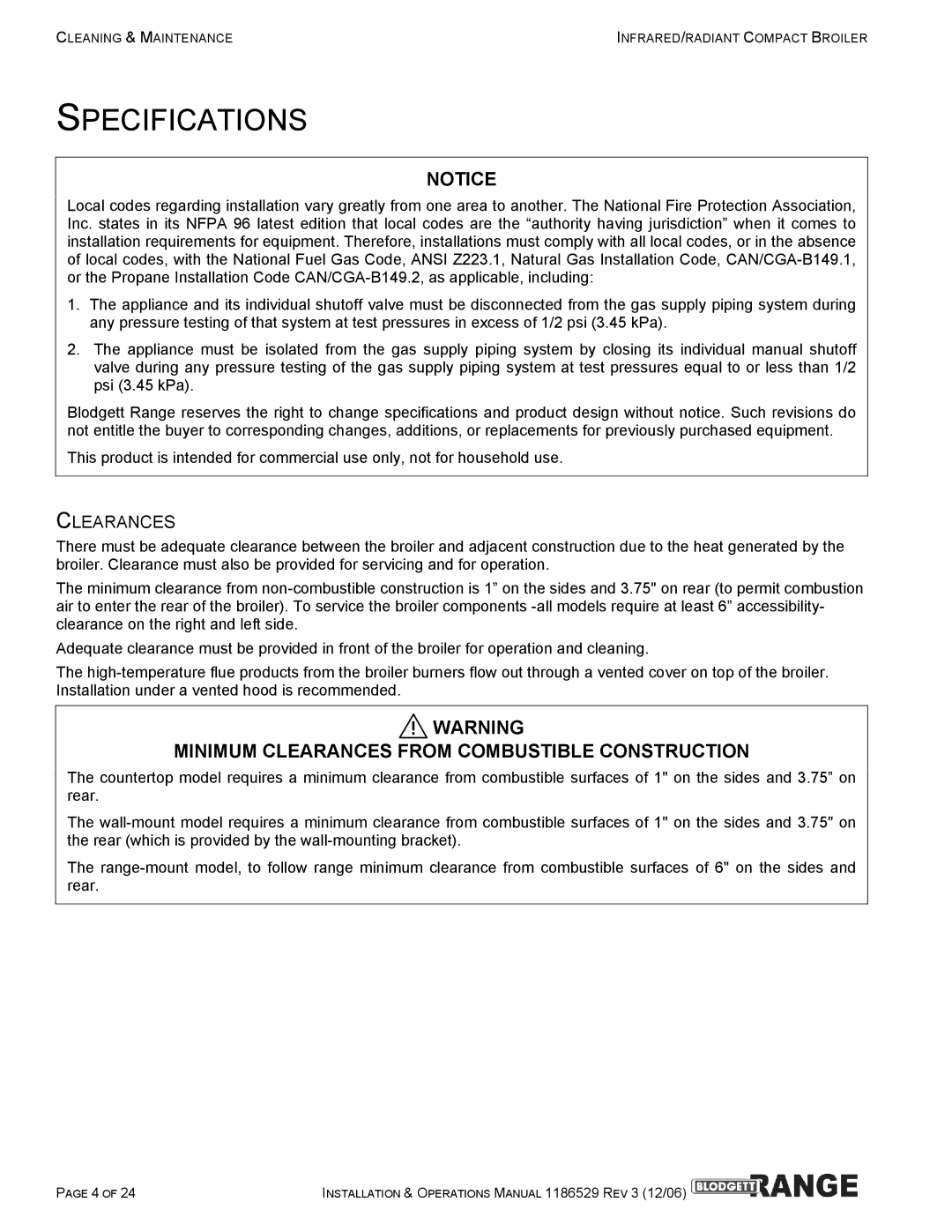 Blodgett B48-RAD, B48-NFR, B36-RAD, B36-NFR manual Specifications, Minimum Clearances from Combustible Construction 