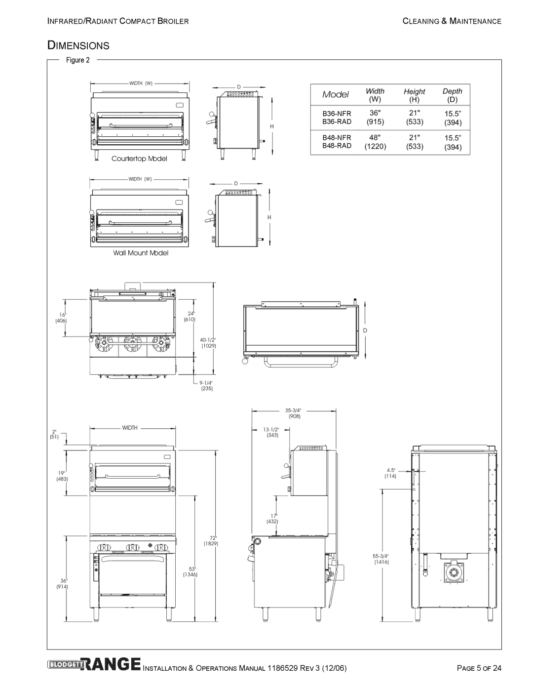 Blodgett B48-NFR, B48-RAD, B36-RAD, B36-NFR manual Dimensions 