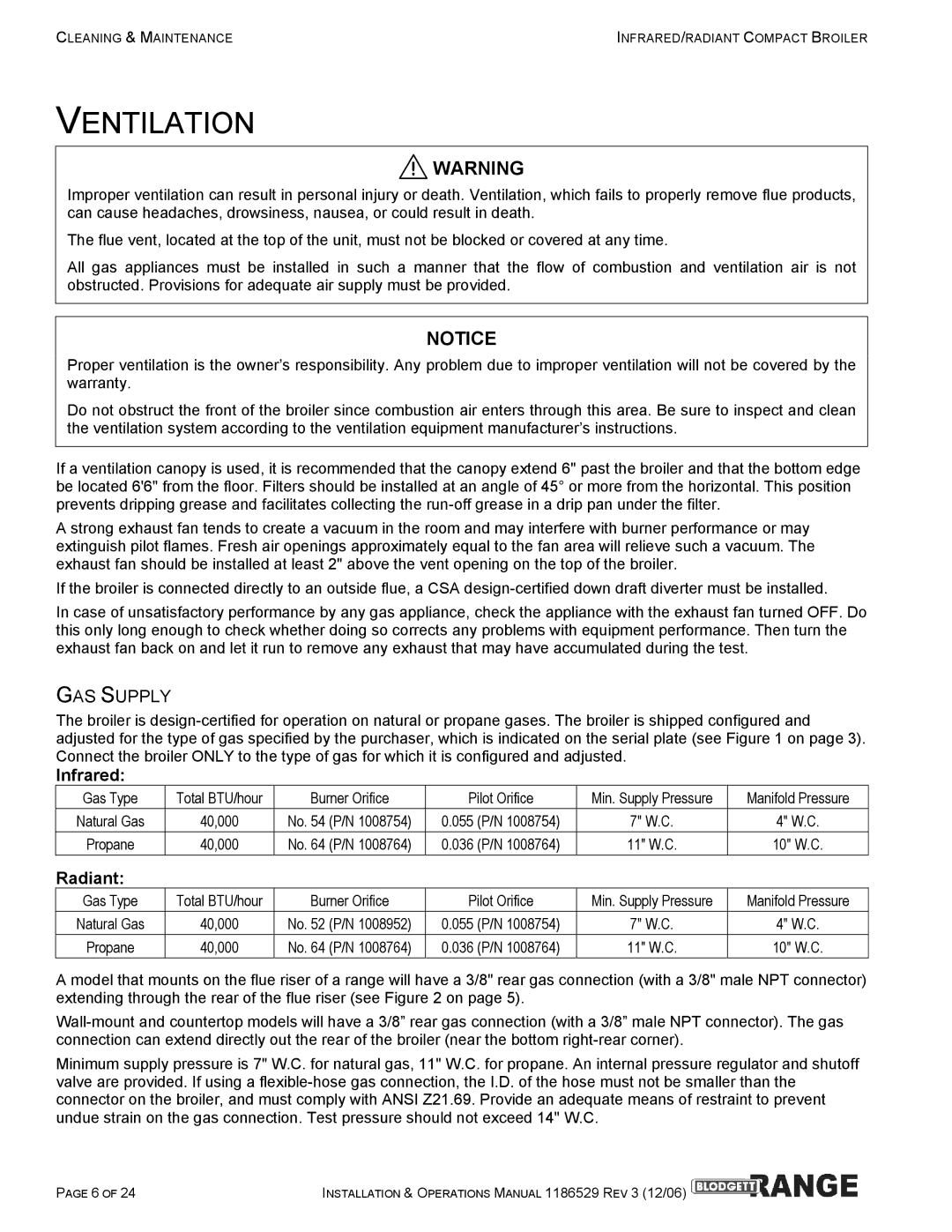 Blodgett B36-RAD, B48-RAD, B48-NFR, B36-NFR manual Ventilation, GAS Supply 