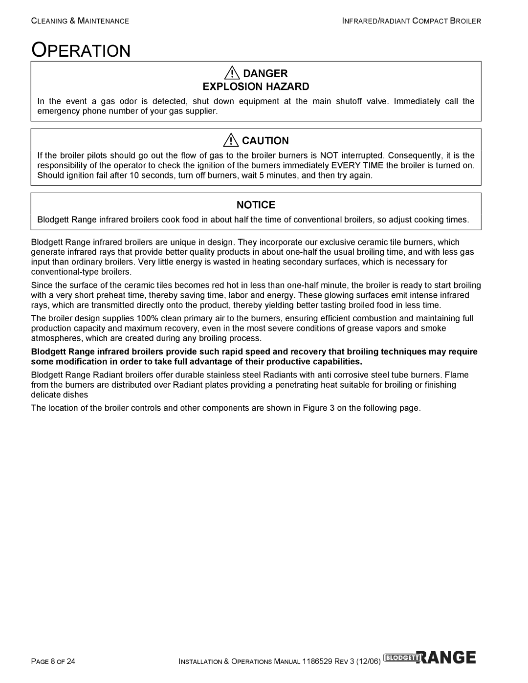 Blodgett B48-RAD, B48-NFR, B36-RAD, B36-NFR manual Operation, Explosion Hazard 