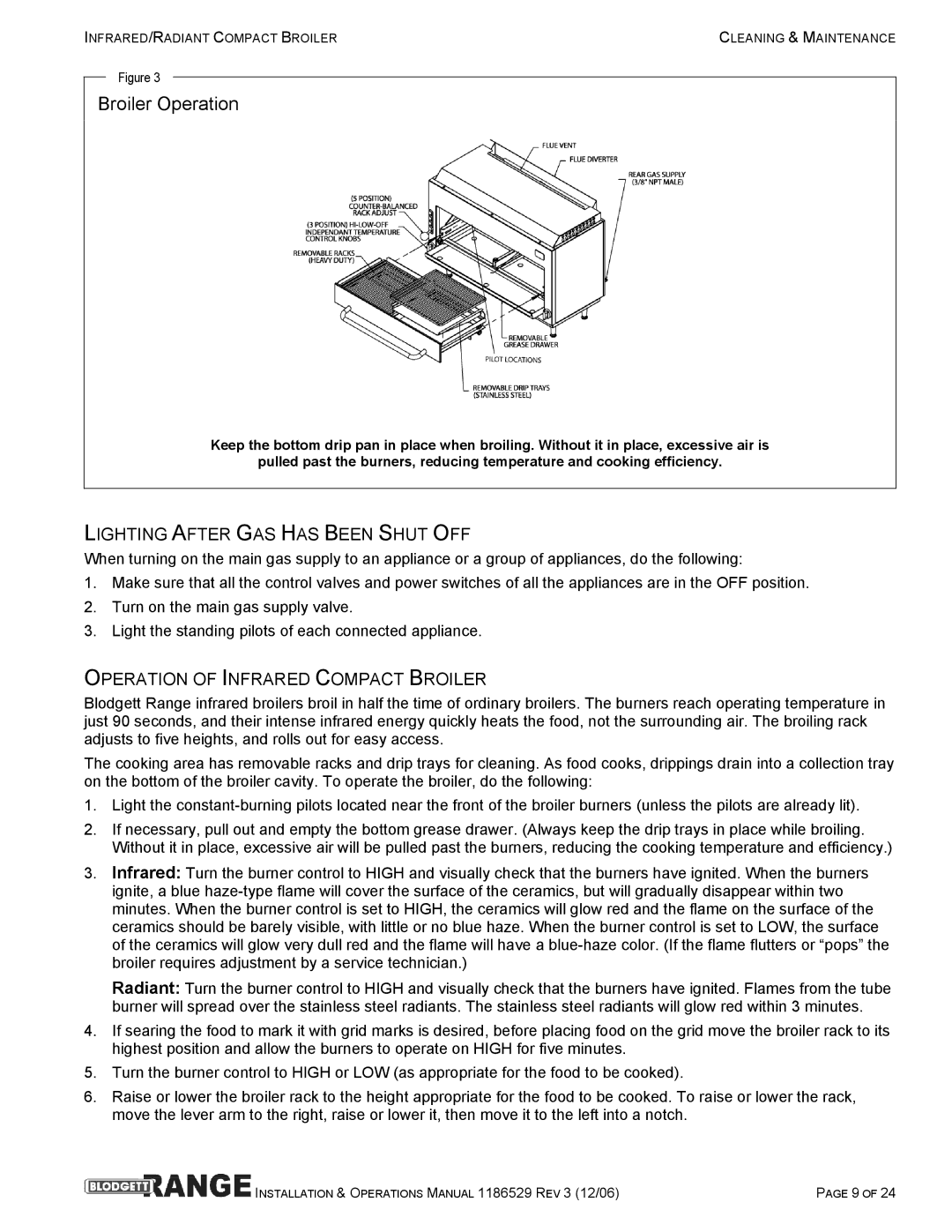 Blodgett B48-NFR, B48-RAD Broiler Operation, Lighting After GAS has Been Shut OFF, Operation of Infrared Compact Broiler 