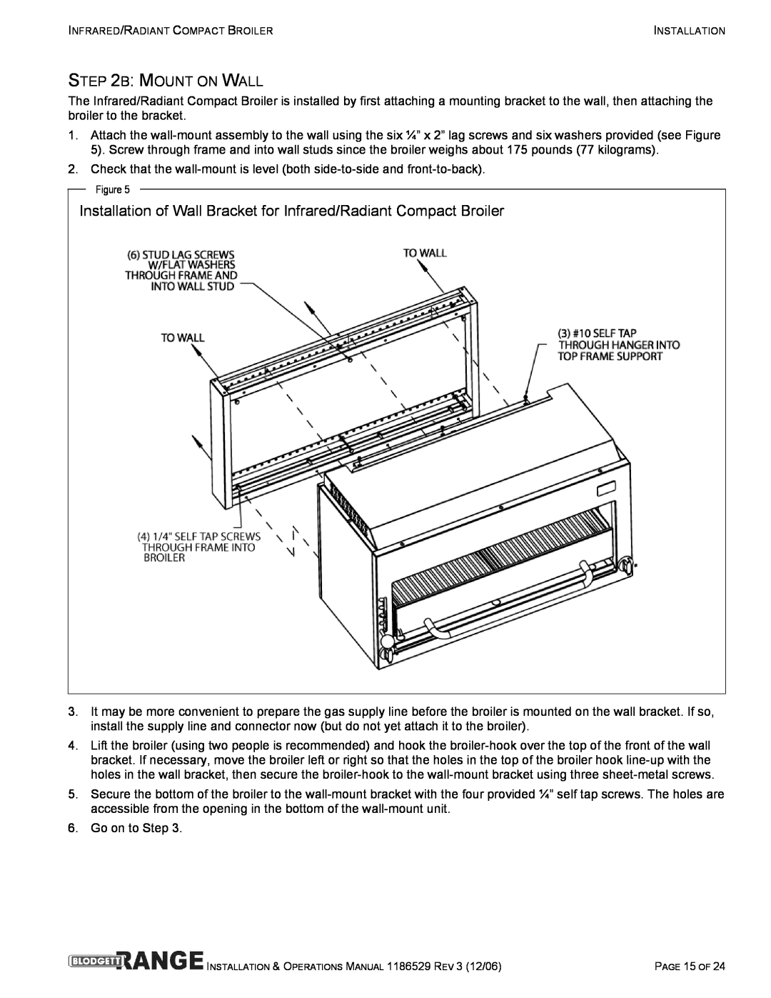 Blodgett B36-NFR, B48-RAD, B48-NFR manual Installation of Wall Bracket for Infrared/Radiant Compact Broiler, B Mount On Wall 