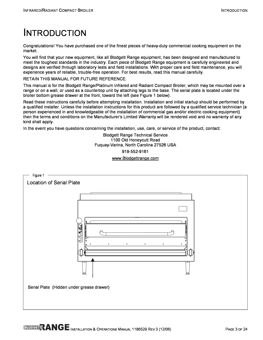 Blodgett B36-NFR, B48-RAD, B48-NFR, B36-RAD manual Introduction, Location of Serial Plate 