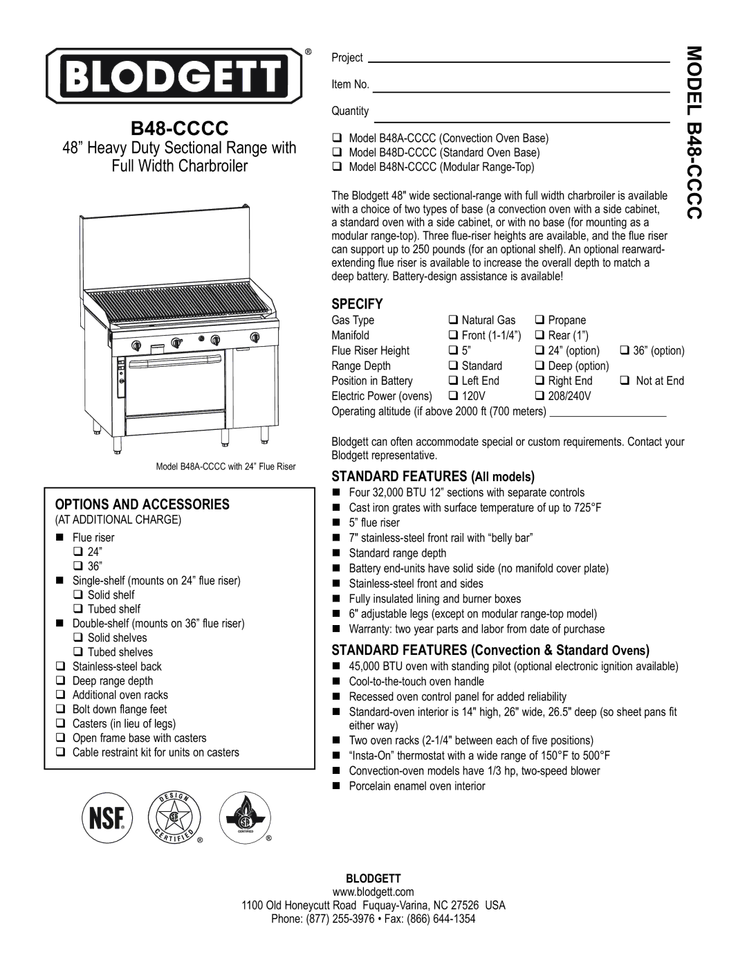 Blodgett B48A-CCCC, B48N-CCCC, B48D-CCCC warranty B48-CCCC, Options and Accessories, Specify, Standard Features All models 