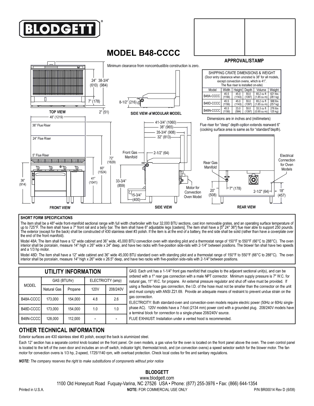 Blodgett B48D-CCCC, B48N-CCCC, B48A-CCCC warranty Model B48-CCCC, Utility Information, Other Technical Information 