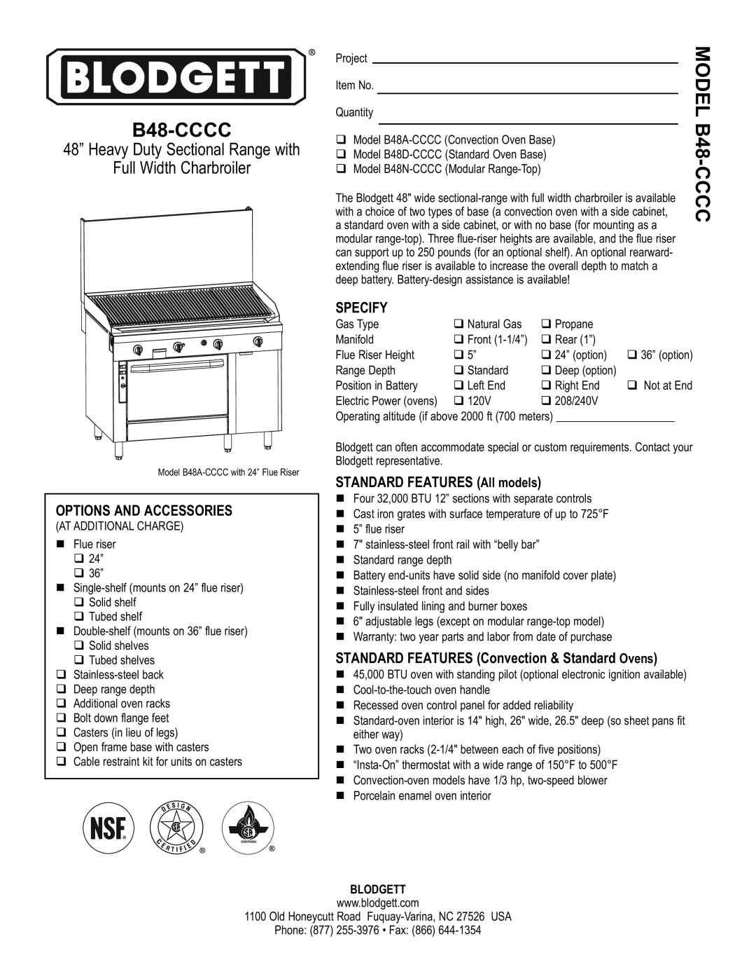 Blodgett B48A-CCCC warranty B48-CCCC, Options And Accessories, Specify, STANDARD FEATURES All models, Blodgett, Cccc 