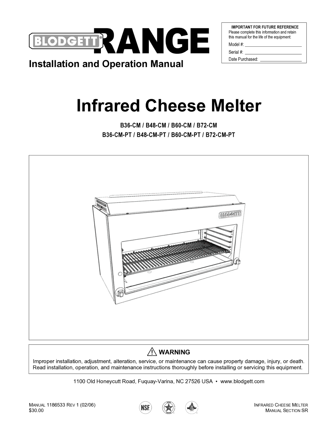 Blodgett B60-CM-PT, B72-CM-PT, B48-CM-PT, B36-CM-PT operation manual Infrared Cheese Melter 