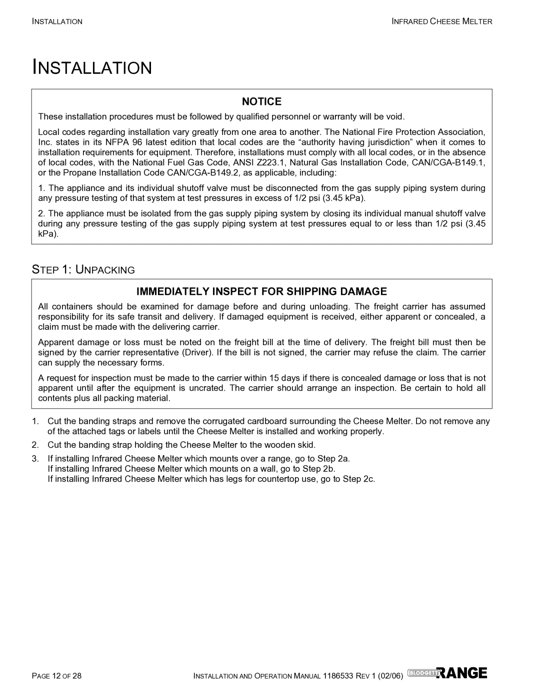 Blodgett B48-CM-PT, B60-CM-PT, B72-CM-PT, B36-CM-PT operation manual Installation, Unpacking 