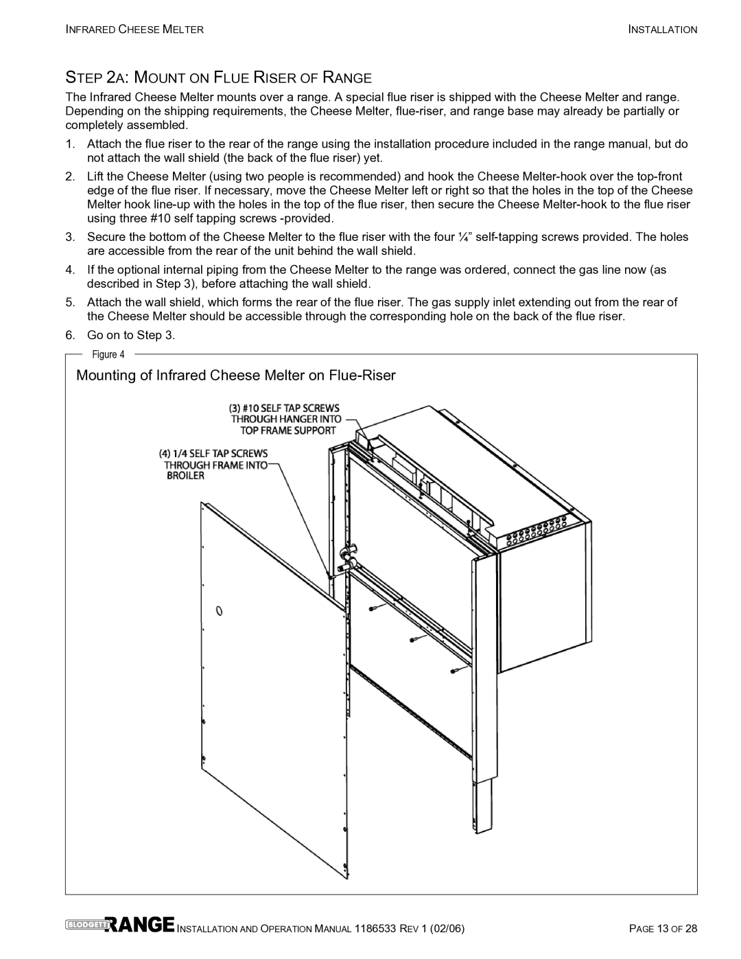 Blodgett B36-CM, B60-CM-PT, B72-CM-PT Mounting of Infrared Cheese Melter on Flue-Riser, Mount on Flue Riser of Range 