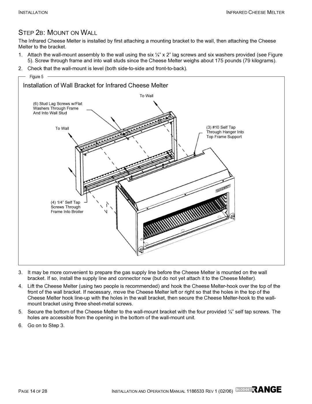 Blodgett B60-CM-PT, B72-CM-PT, B48-CM, B36-CM Installation of Wall Bracket for Infrared Cheese Melter, Mount on Wall 