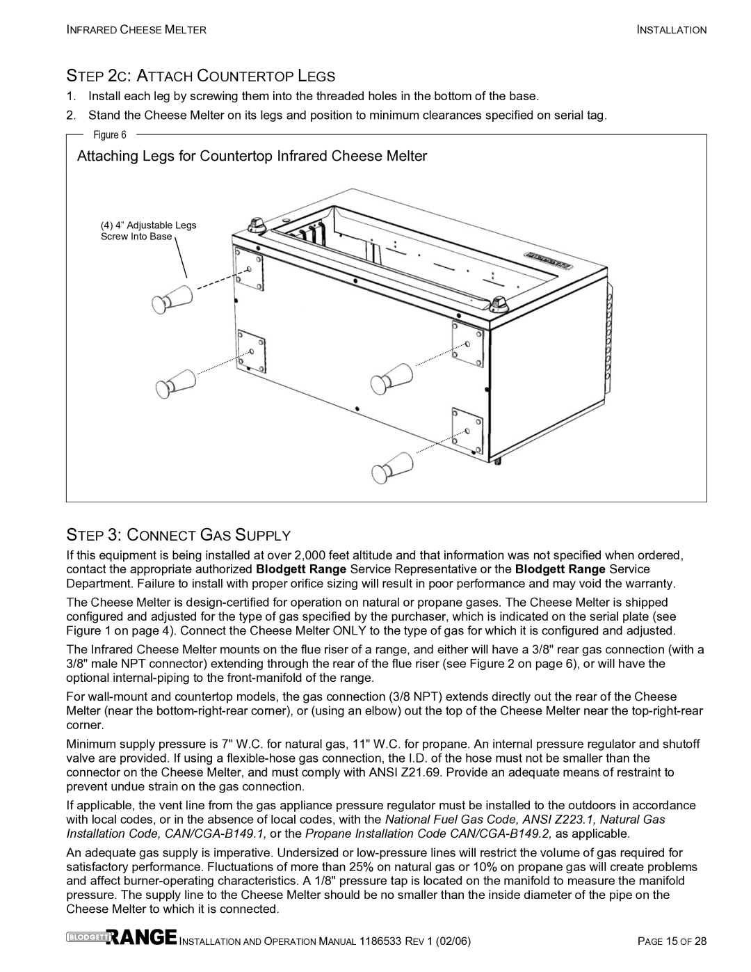 Blodgett B36-CM-PT Attaching Legs for Countertop Infrared Cheese Melter, Attach Countertop Legs, Connect GAS Supply 