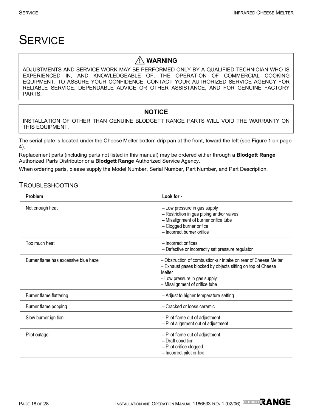 Blodgett B72-CM-PT, B60-CM-PT, B48-CM-PT, B36-CM-PT operation manual Service, Troubleshooting 