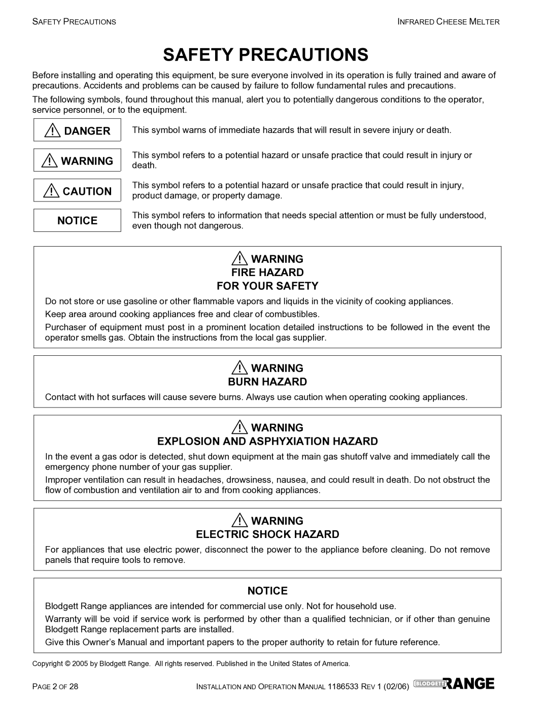 Blodgett B72-CM-PT, B60-CM-PT, B48-CM-PT, B36-CM-PT operation manual Safety Precautions 