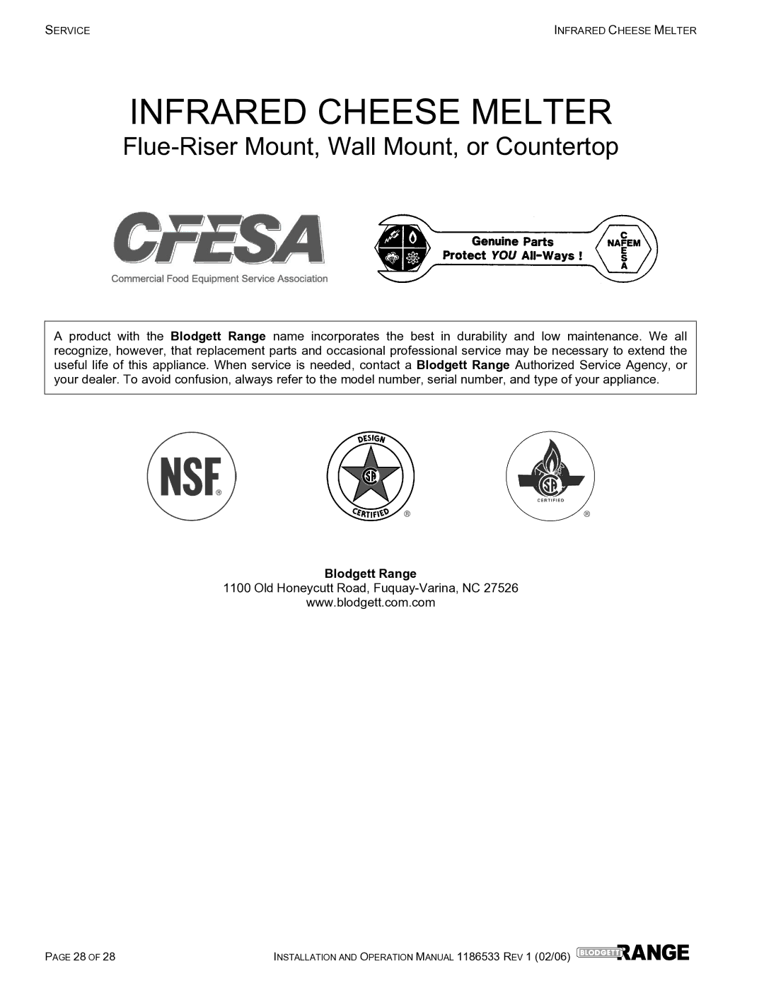 Blodgett B48-CM-PT, B60-CM-PT, B72-CM-PT, B36-CM-PT operation manual Infrared Cheese Melter 