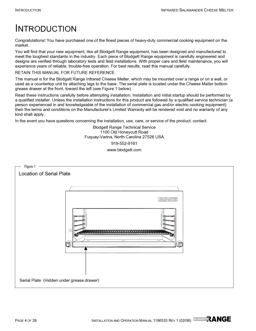 Blodgett B48-CM-PT, B60-CM-PT, B72-CM-PT, B36-CM-PT operation manual Introduction, Location of Serial Plate 