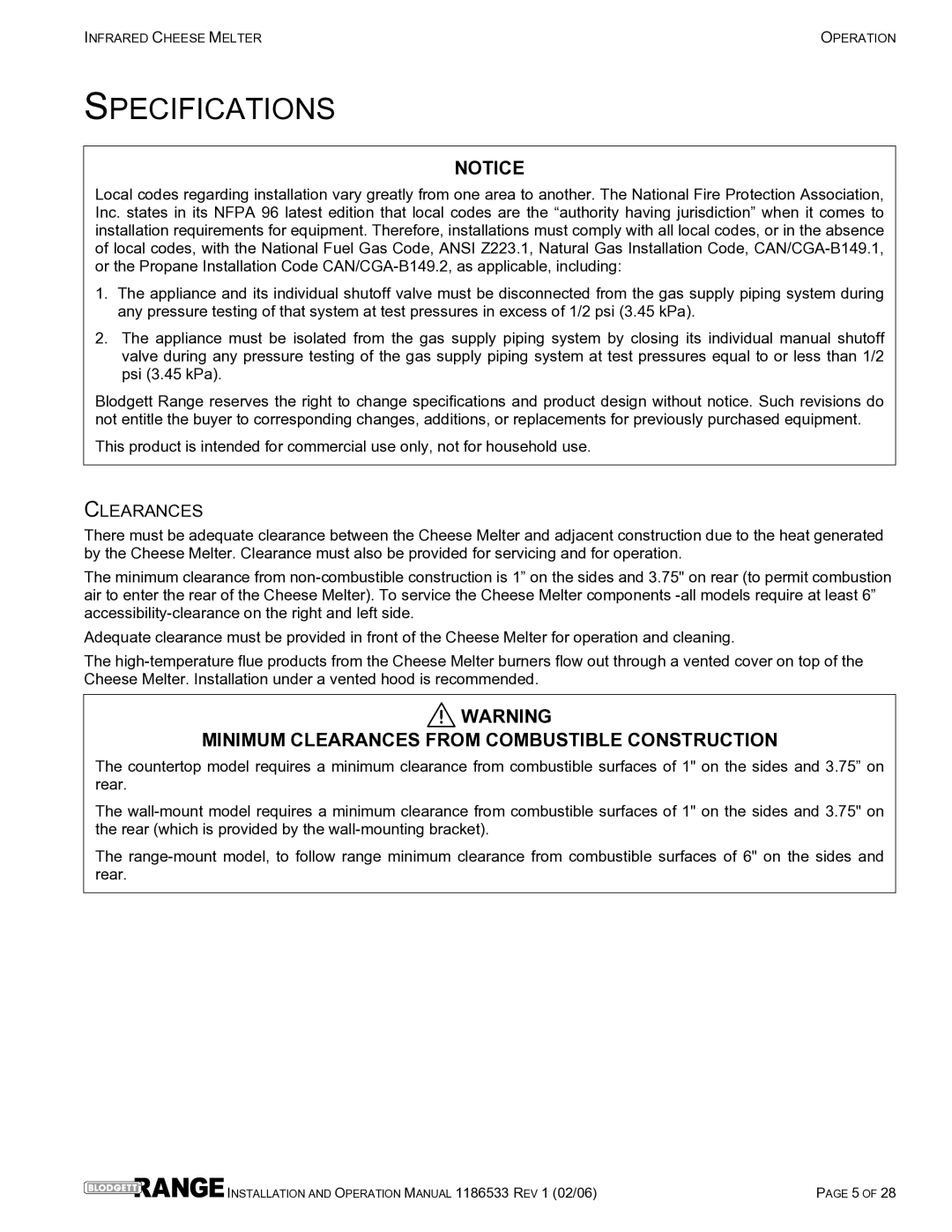 Blodgett B60-CM-PT, B72-CM-PT, B48-CM-PT, B36-CM-PT operation manual Specifications, Clearances 