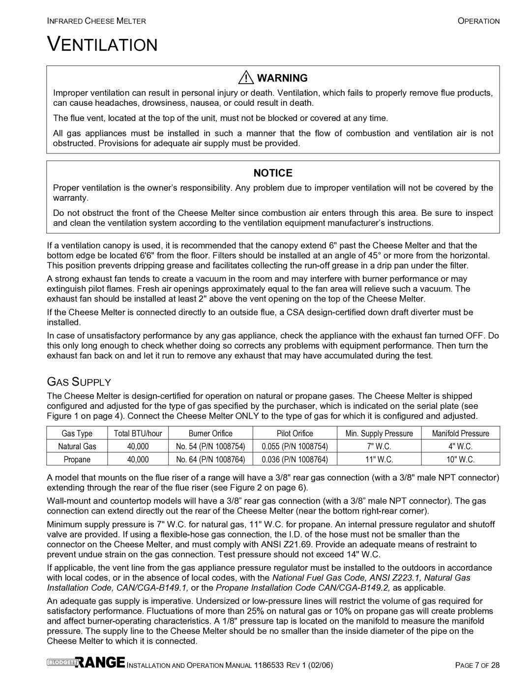 Blodgett B36-CM-PT, B60-CM-PT, B72-CM-PT, B48-CM-PT operation manual Ventilation, GAS Supply 