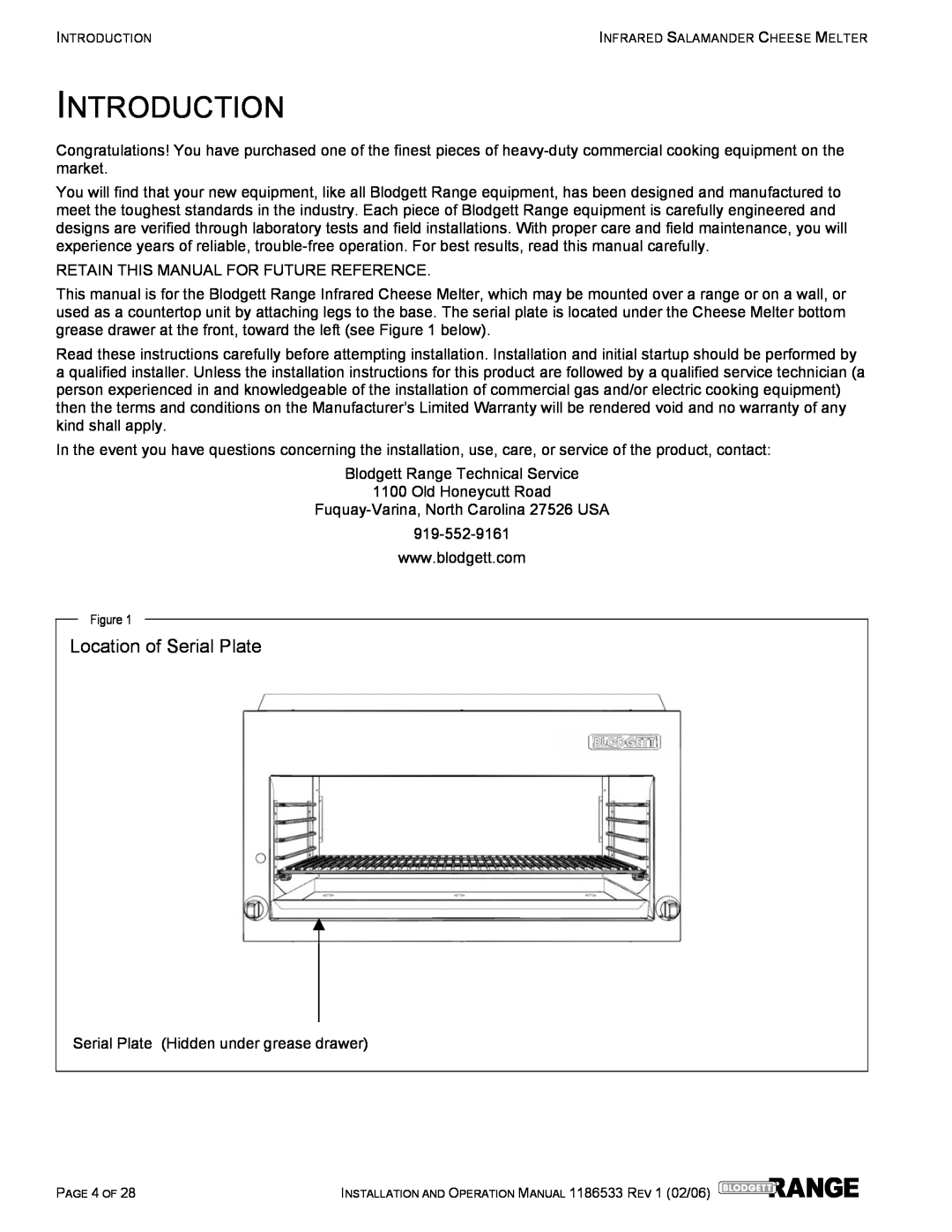 Blodgett B48-CM-PT, B60-CM-PT, B72-CM-PT, B36-CM-PT operation manual Introduction, Location of Serial Plate 