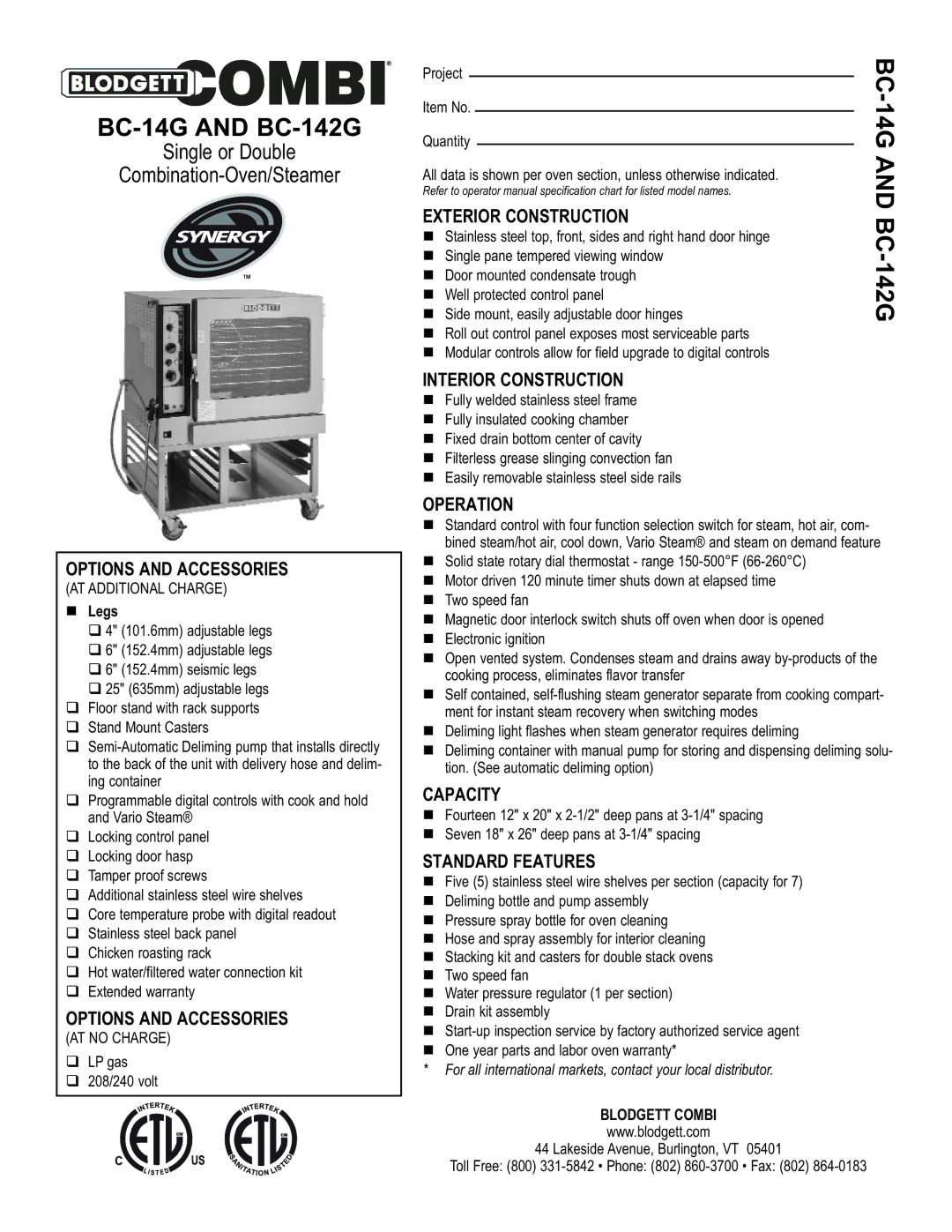 Blodgett warranty BC-14G and BC-142G 