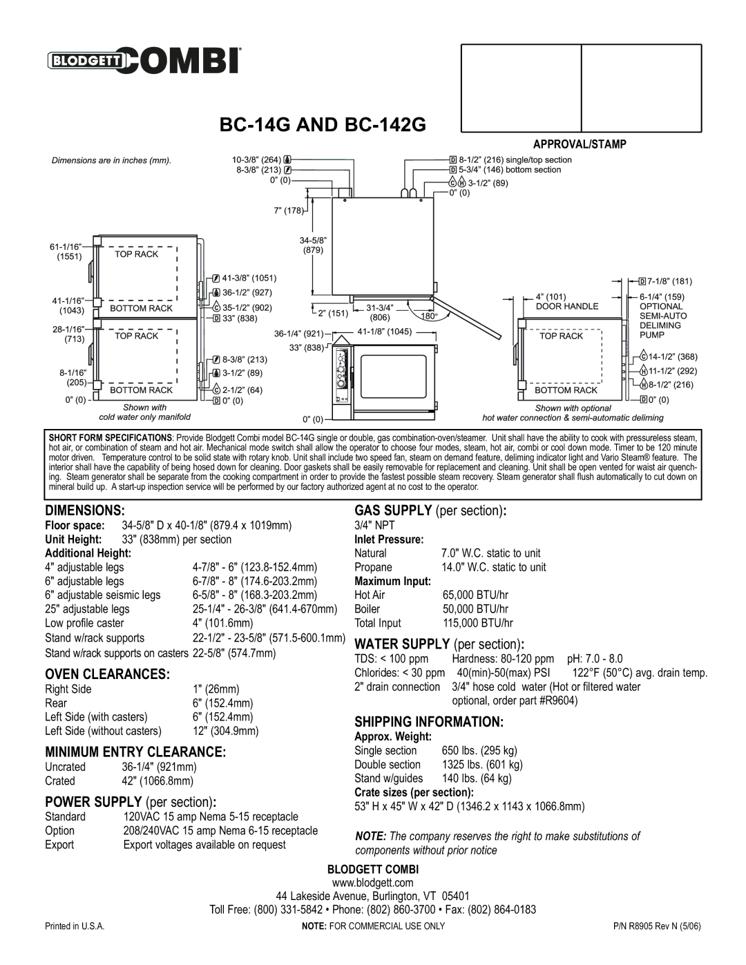 Blodgett BC-142G warranty Dimensions, Oven Clearances, Minimum Entry Clearance, Shipping Information 