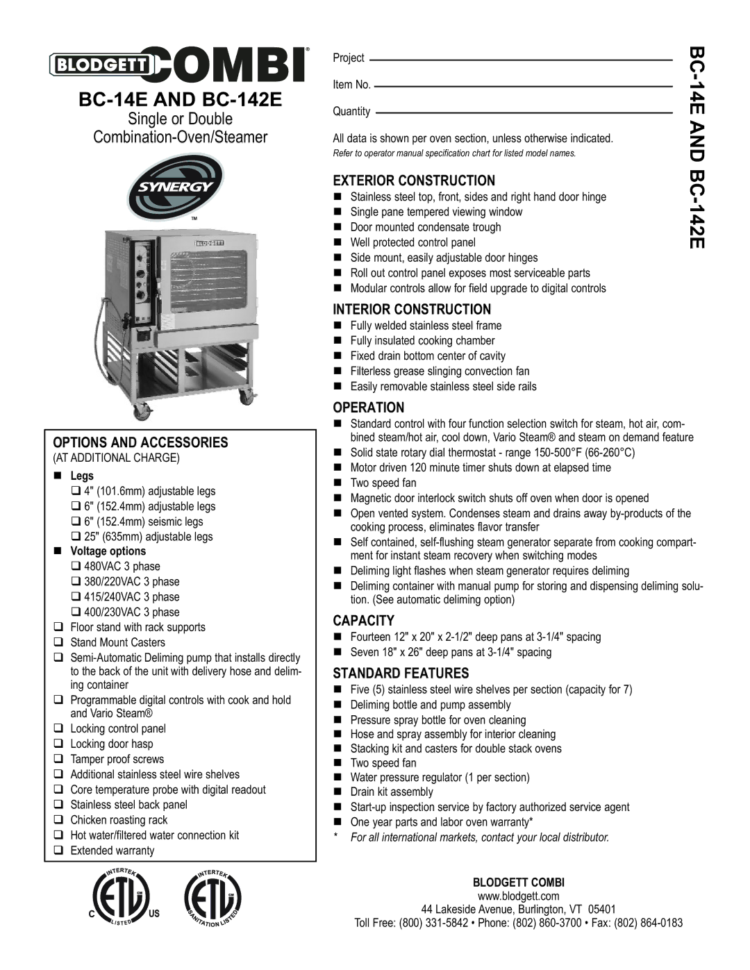 Blodgett warranty BC-14E and BC-142E 