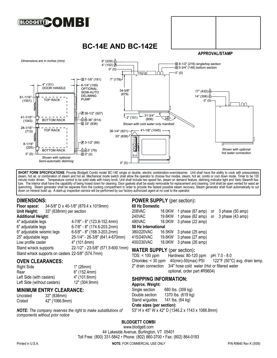 Blodgett BC-14E, BC-142E warranty Dimensions, Oven Clearances, Shipping Information, Minimum Entry Clearance 