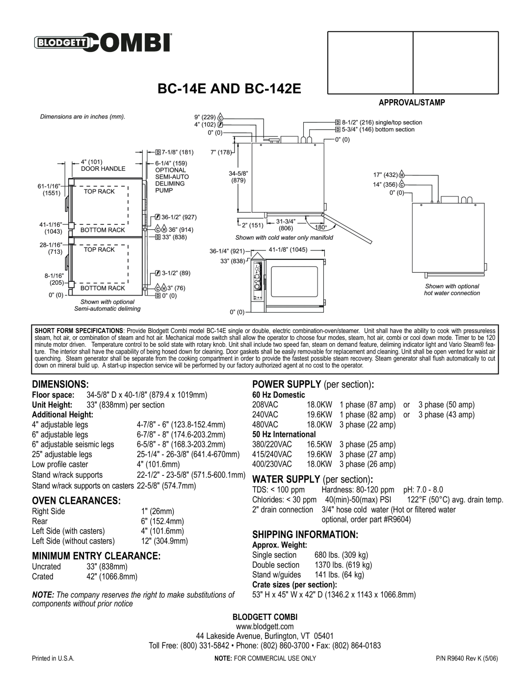 Blodgett BC-14E Dimensions, POWER SUPPLY per section, WATER SUPPLY per section, Oven Clearances, Shipping Information 
